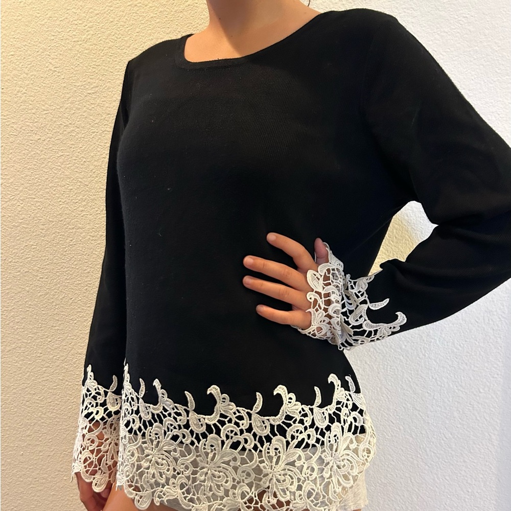 INC International Concepts Black and White Embellished Long Sleeve Blouse